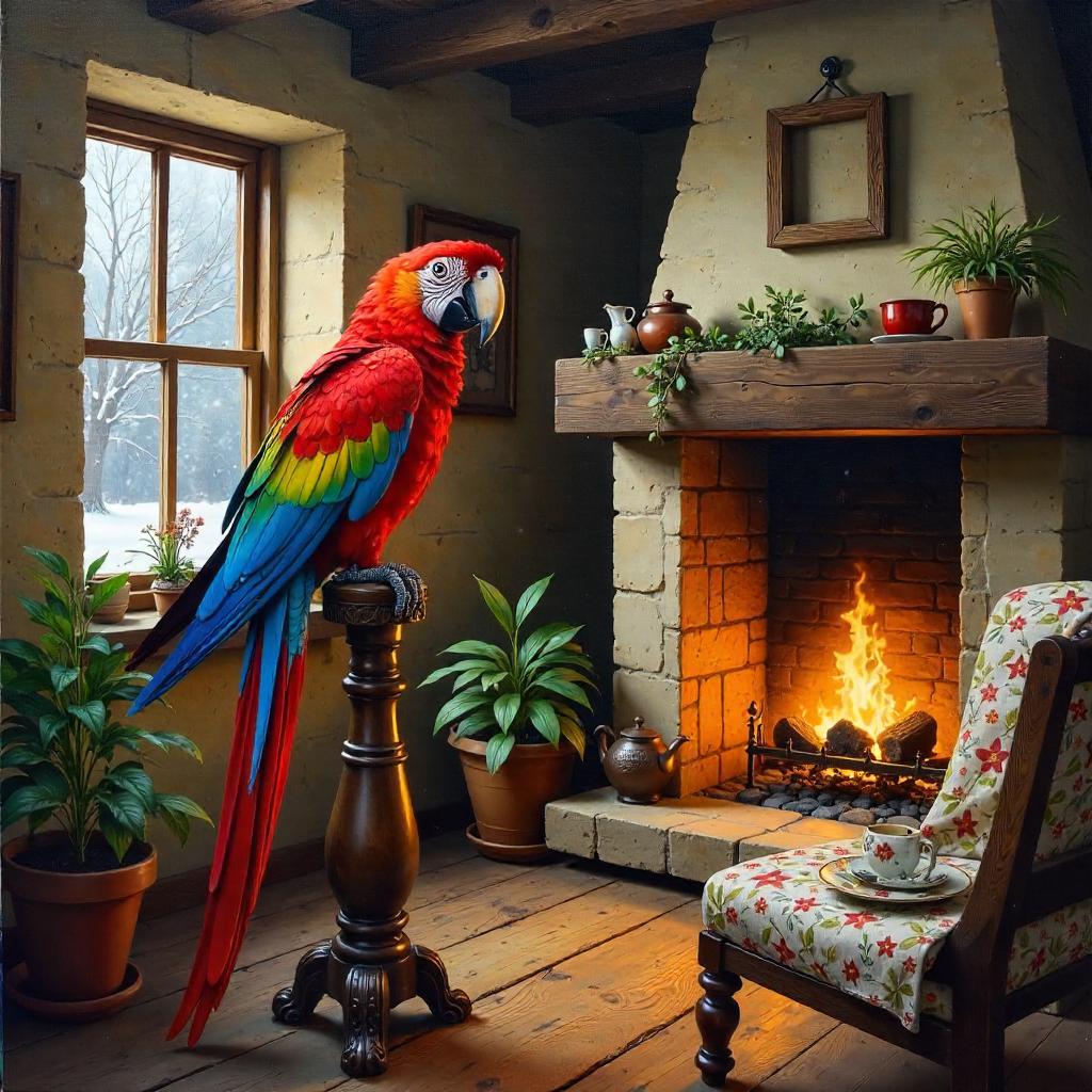 Parrot in a Cozy Cottage - Oil Painting