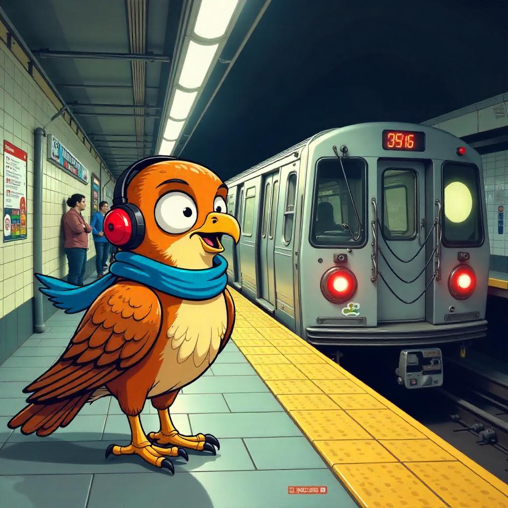 Energetic Cartoon Hawk in a Subway Station