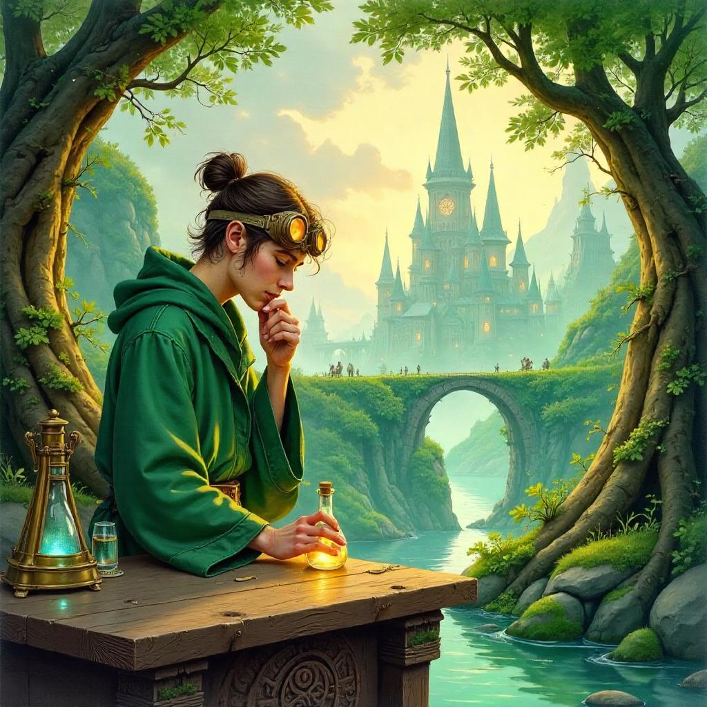 Watercolor Scientist in an Elven City