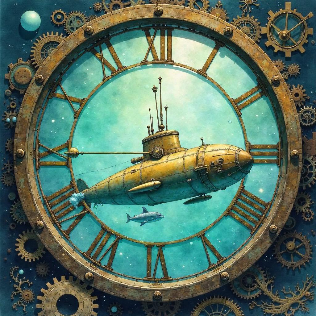 Submarine in a Giant Clock — Watercolor Dream