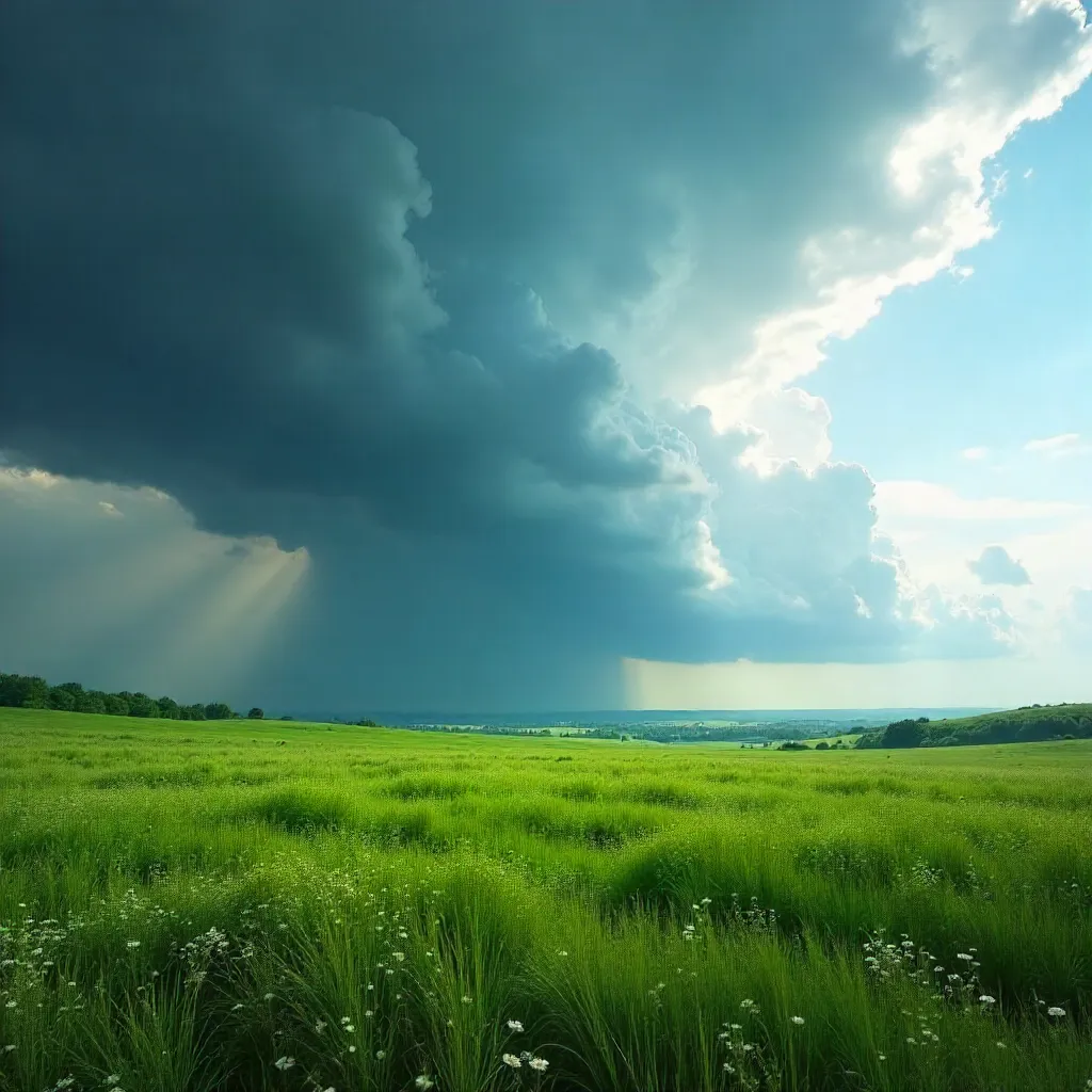 Expansive Green Meadow Under Dramatic Cumulonimbus Cloud