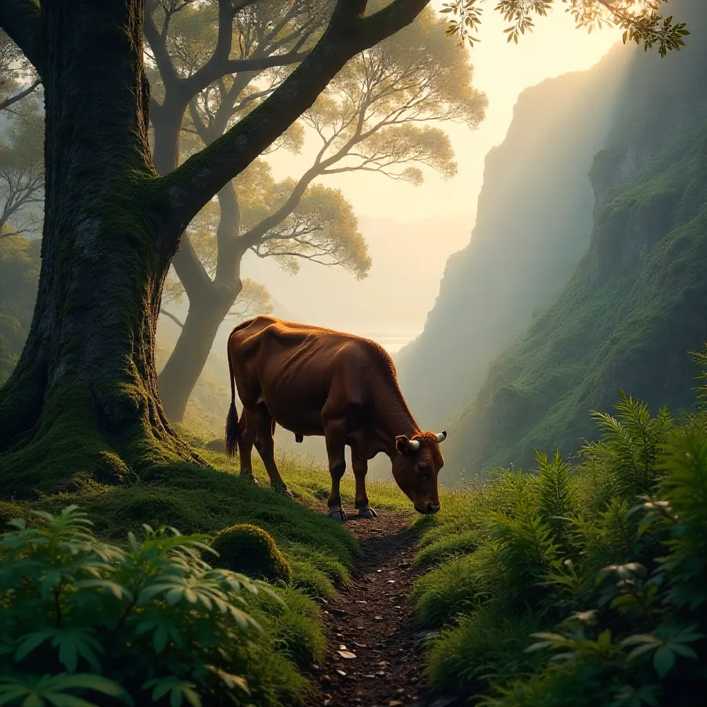 Brown Cow Grazing in Madeira's Misty Laurisilva
