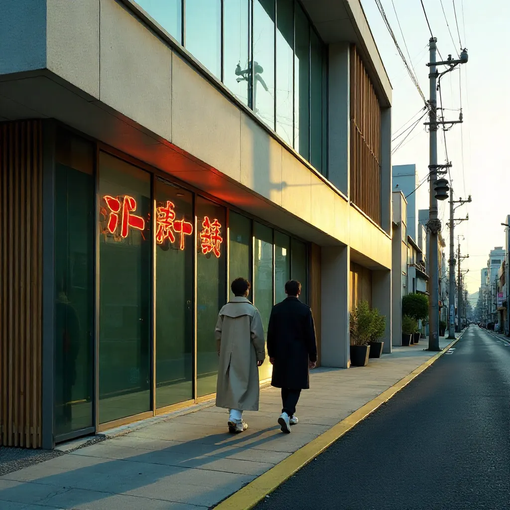 Two People Walking by a Modern Japanese Facade