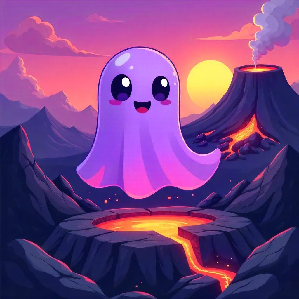 Playful Wraith on Volcanic Rocks - Cartoon Scene