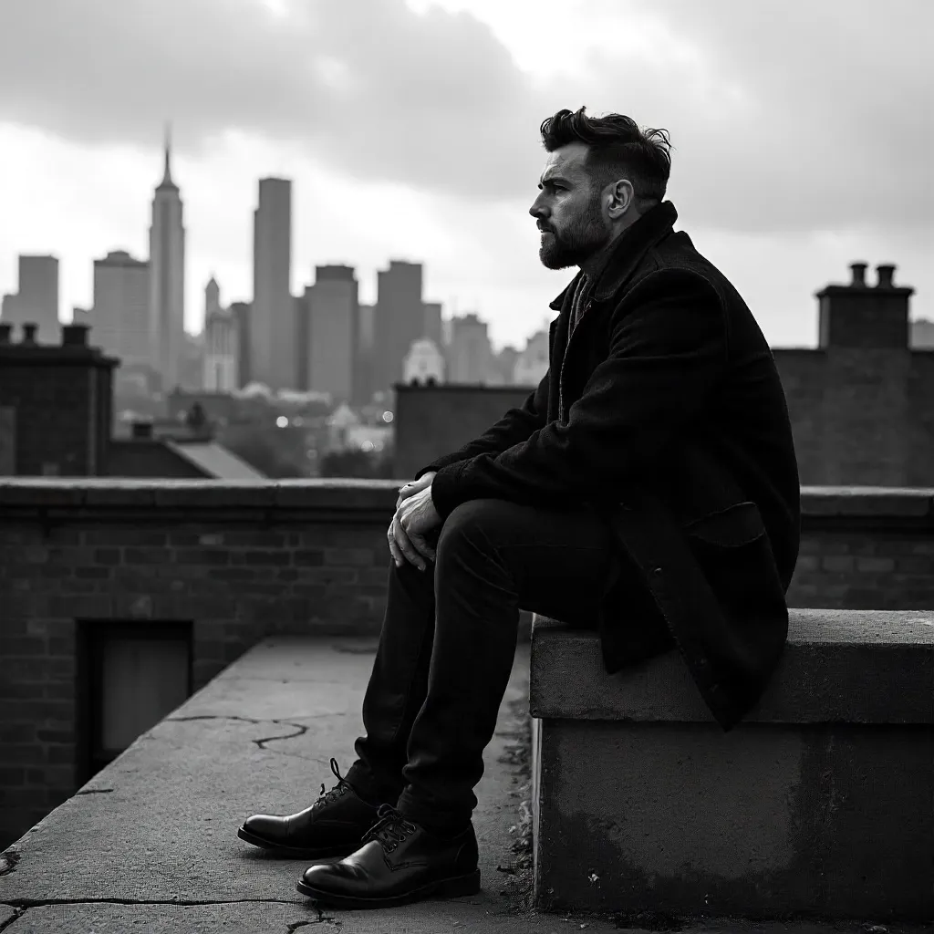 Noir Rooftop Portrait: Urban Ledge Monochrome