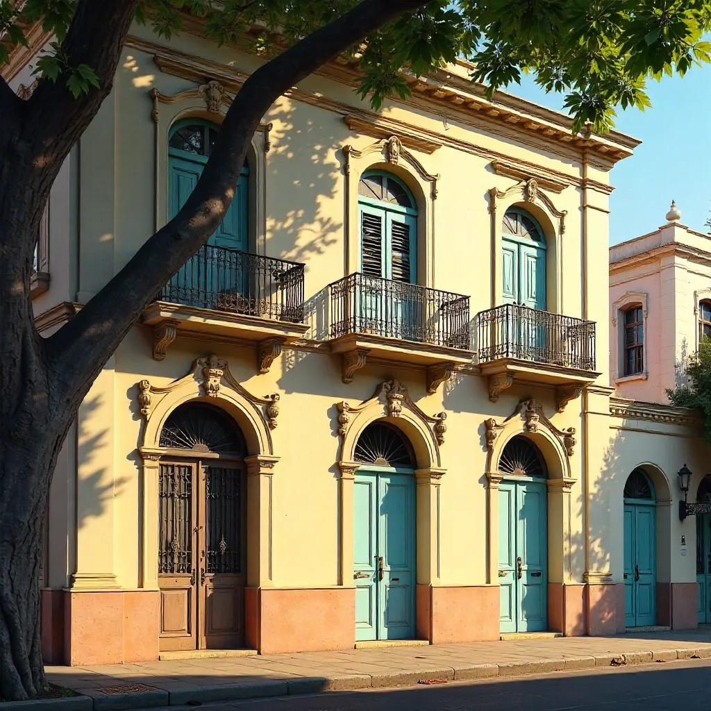 Pastel Colonial Facade Under Shade of a Tree