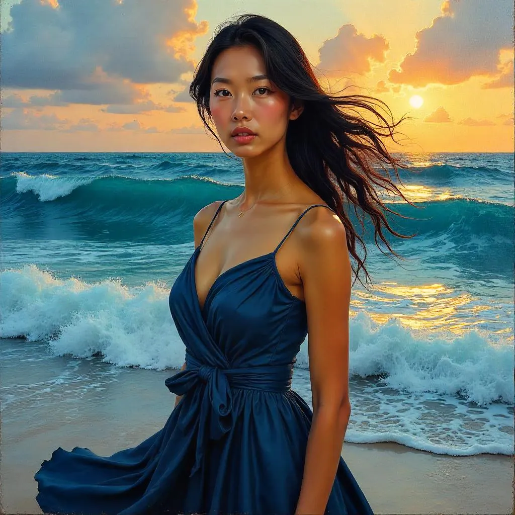 Confident Asian Woman by the Ocean: Oil Portrait