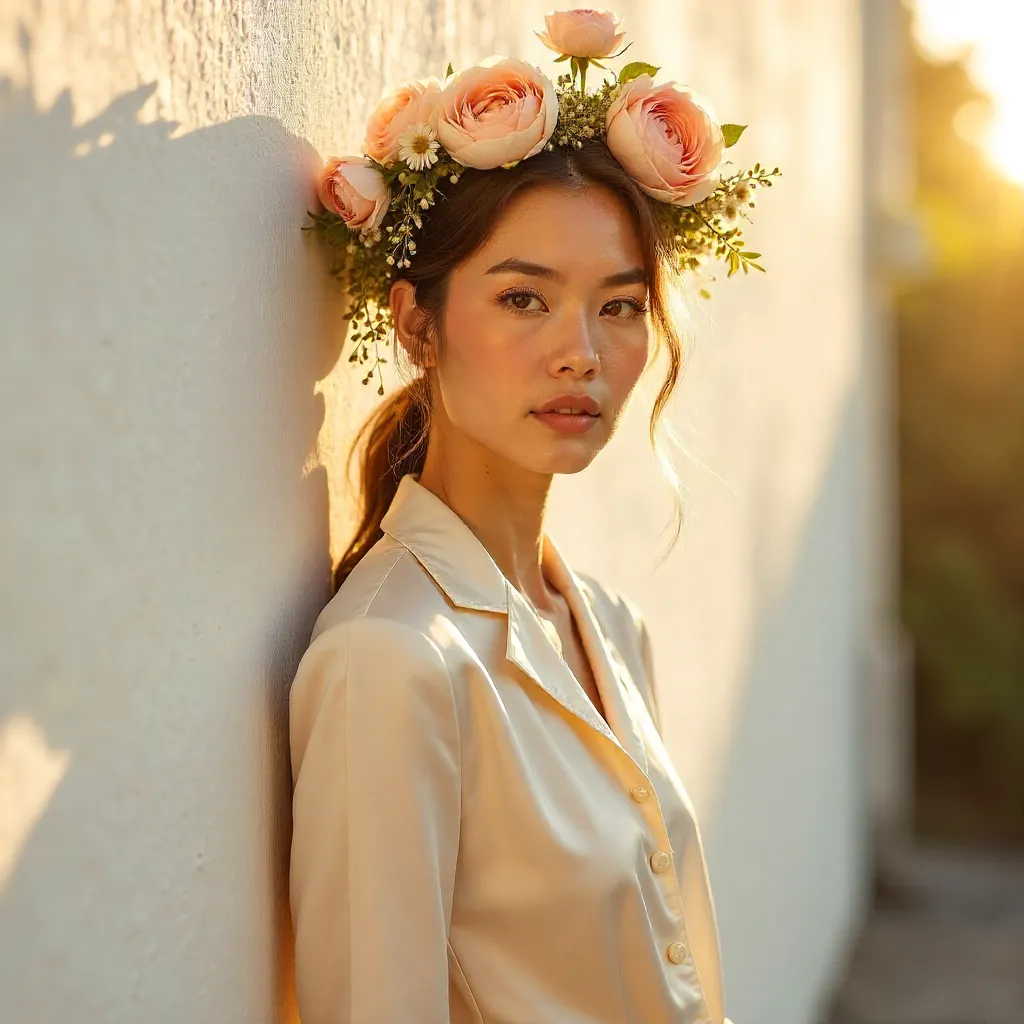 Sunlit Floral Crown by the White Wall