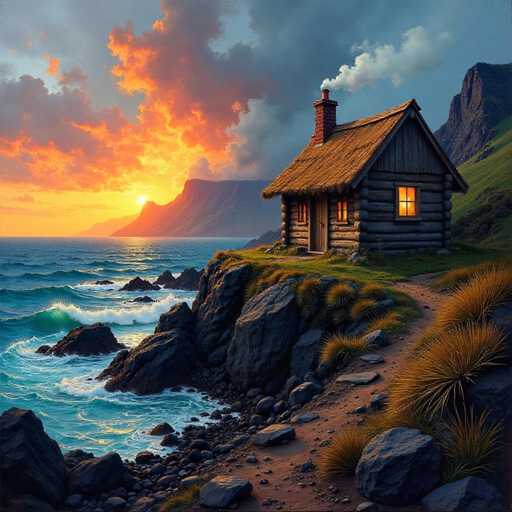 Hut on Volcanic Rocks: An Oil Painting