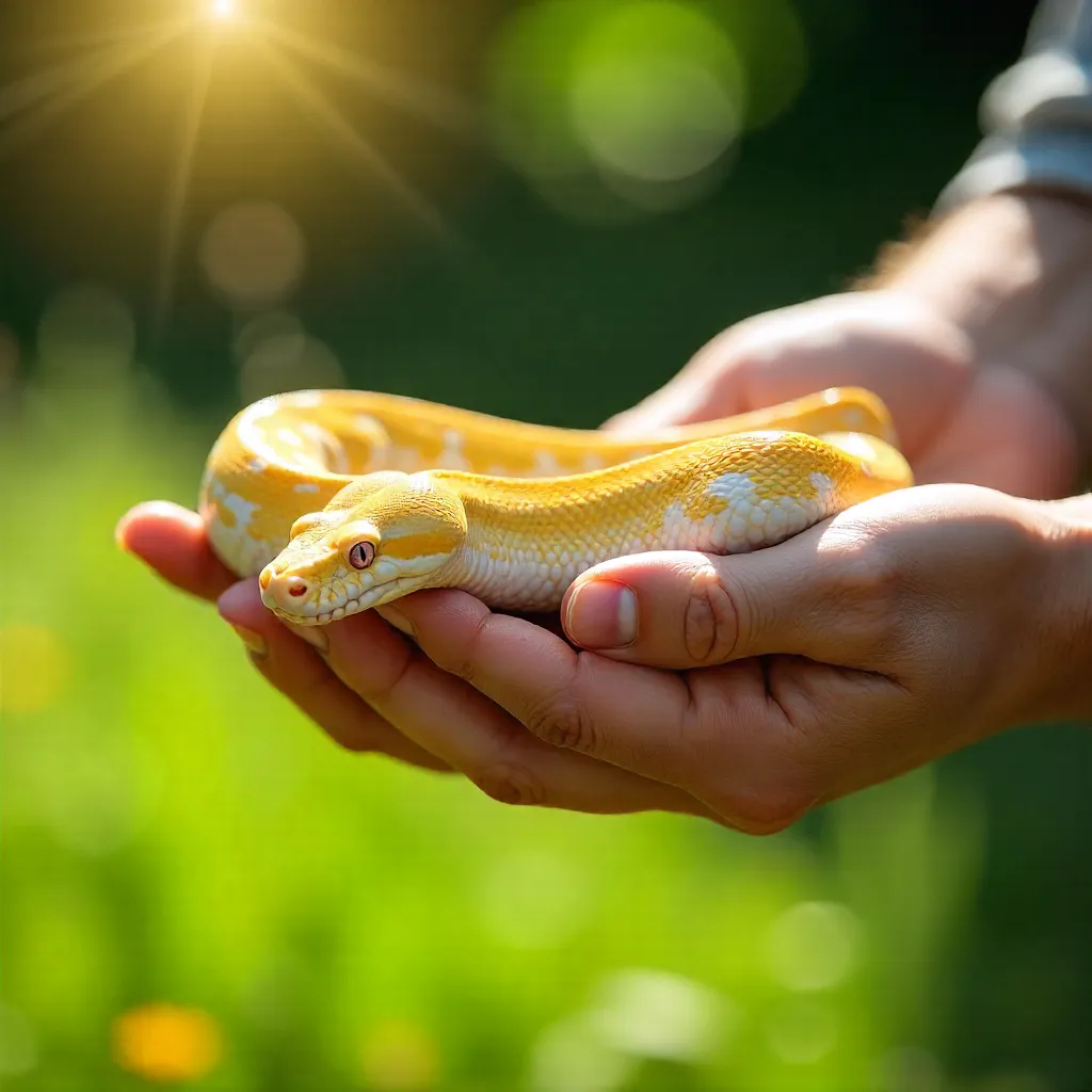 Gentle Handling of a Yellow Albino Python Outdoors