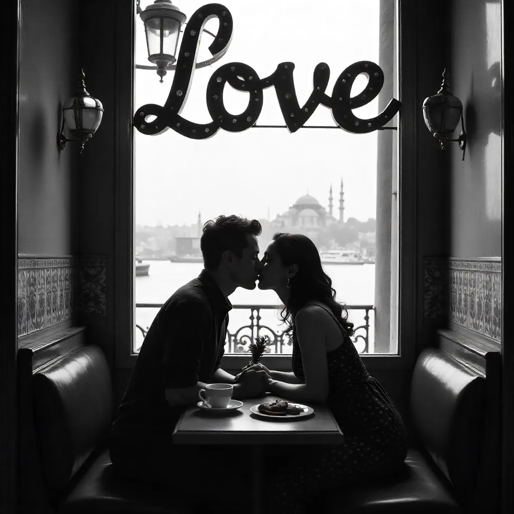 Monochrome Kiss Under the LOVE Sign in Istanbul