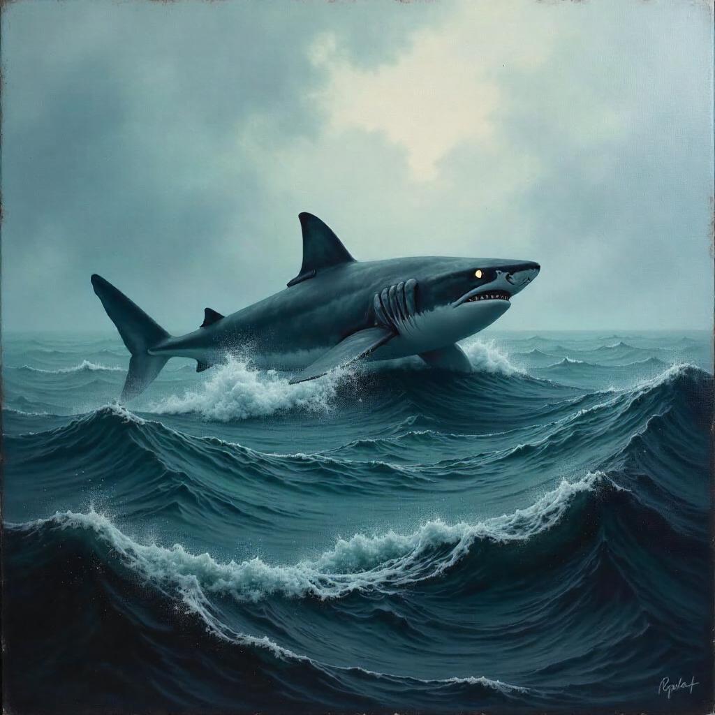 Shark Emerging Through Dense Fog — An Oil Painting