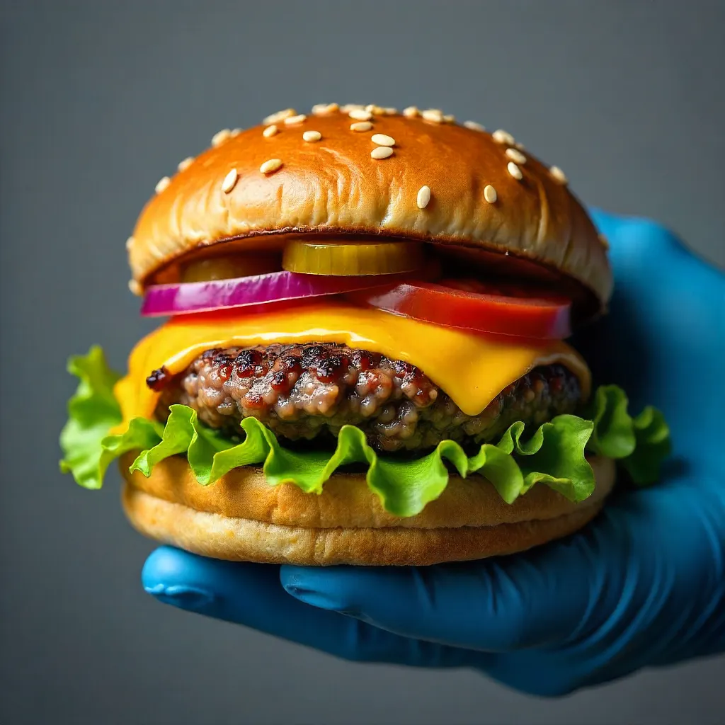Juicy Gourmet Burger Close-Up in Nitrile Glove