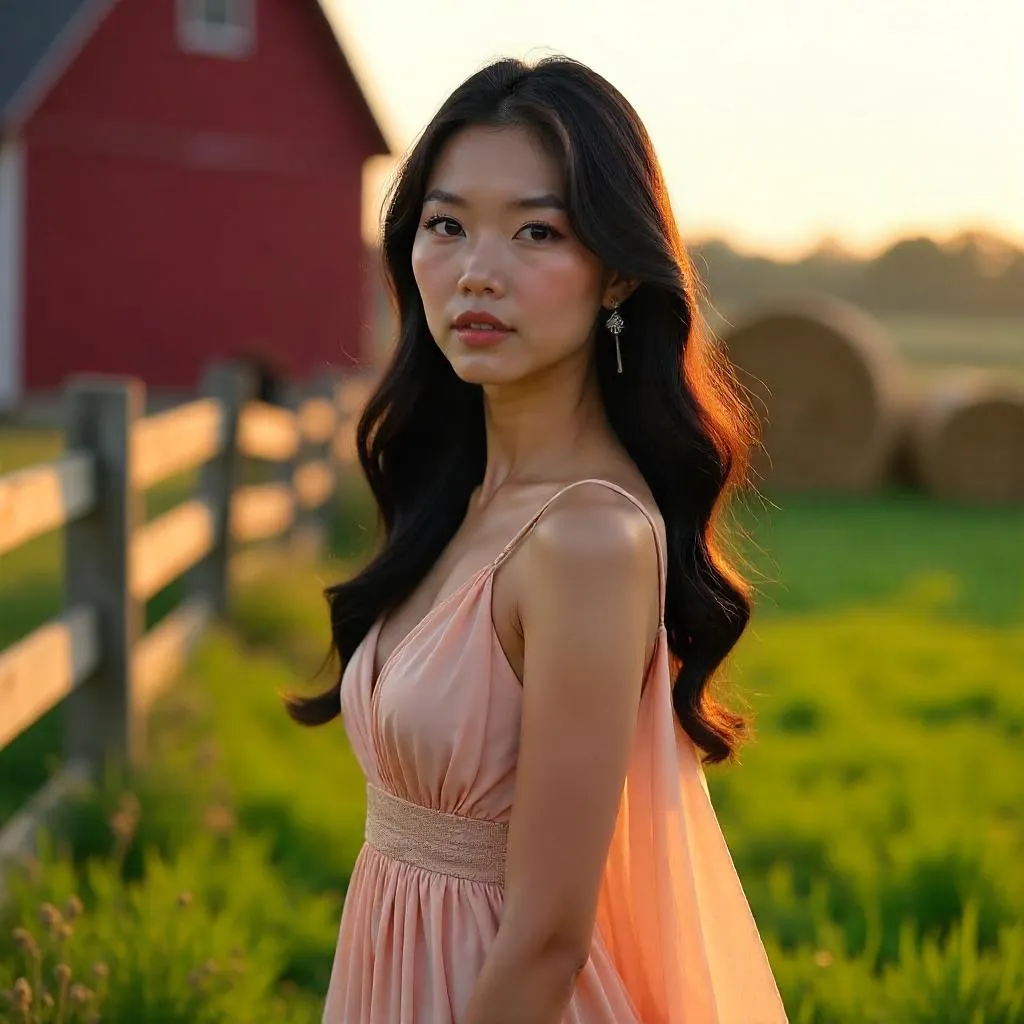 Elegant Asian Woman on a Rustic Farm