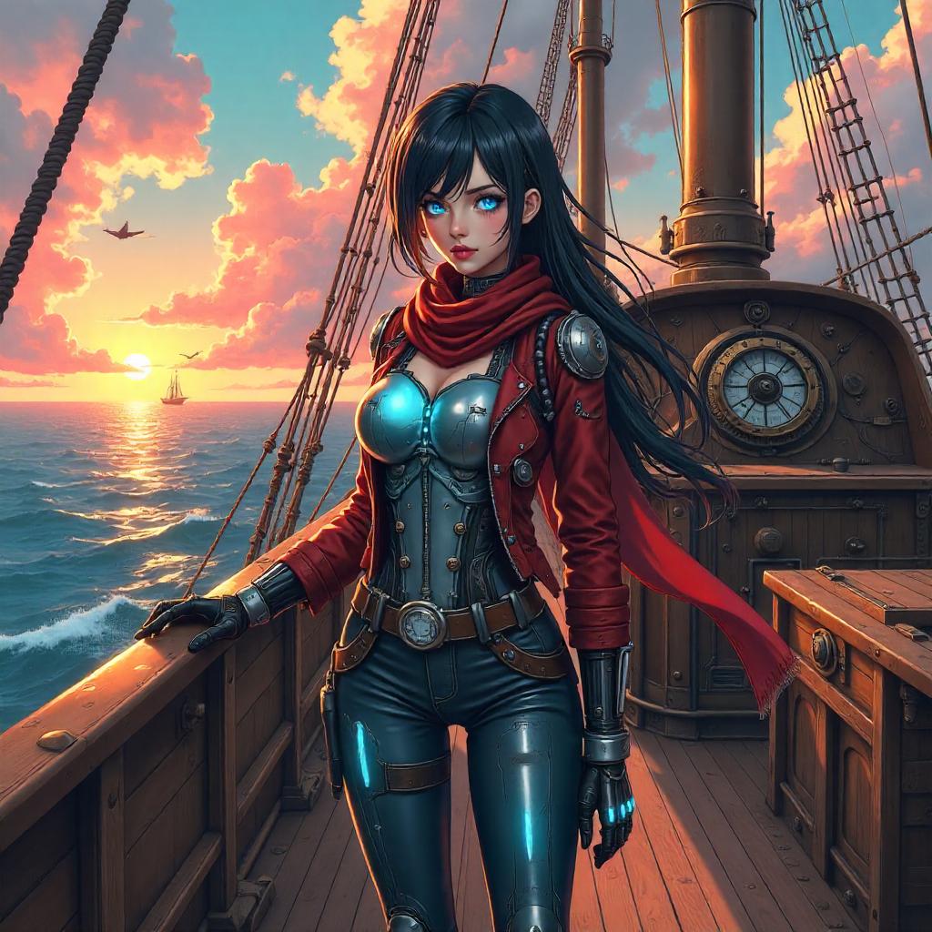 Cyborg Pilot on a Brass Airship