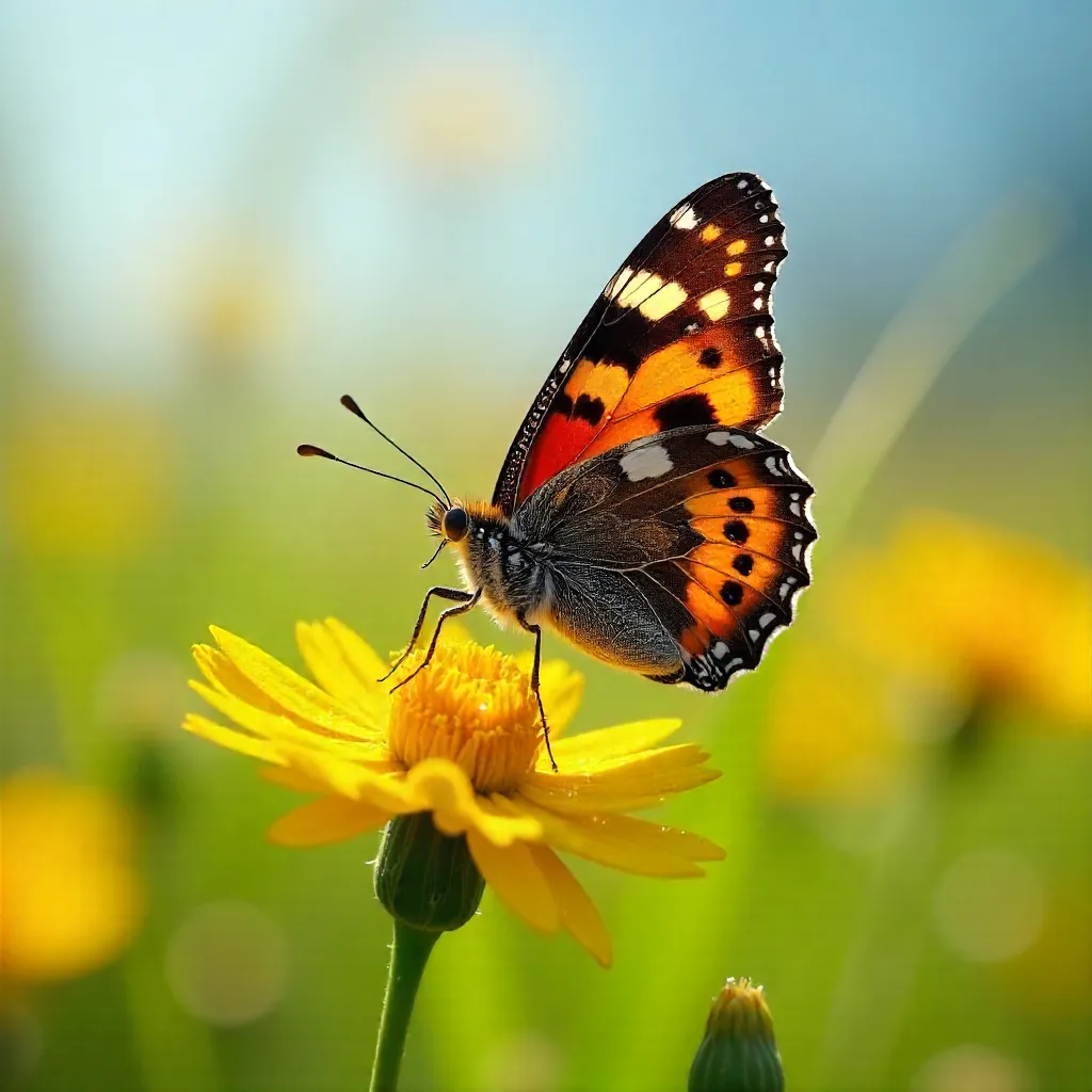 Butterfly on Yellow Wildflowers in a Sunlit Meadow