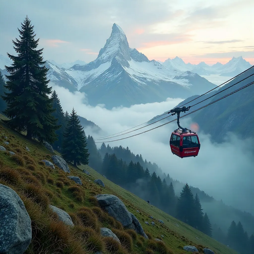 Foggy Zermatt Cable Car under Dramatic Alpine Dawn