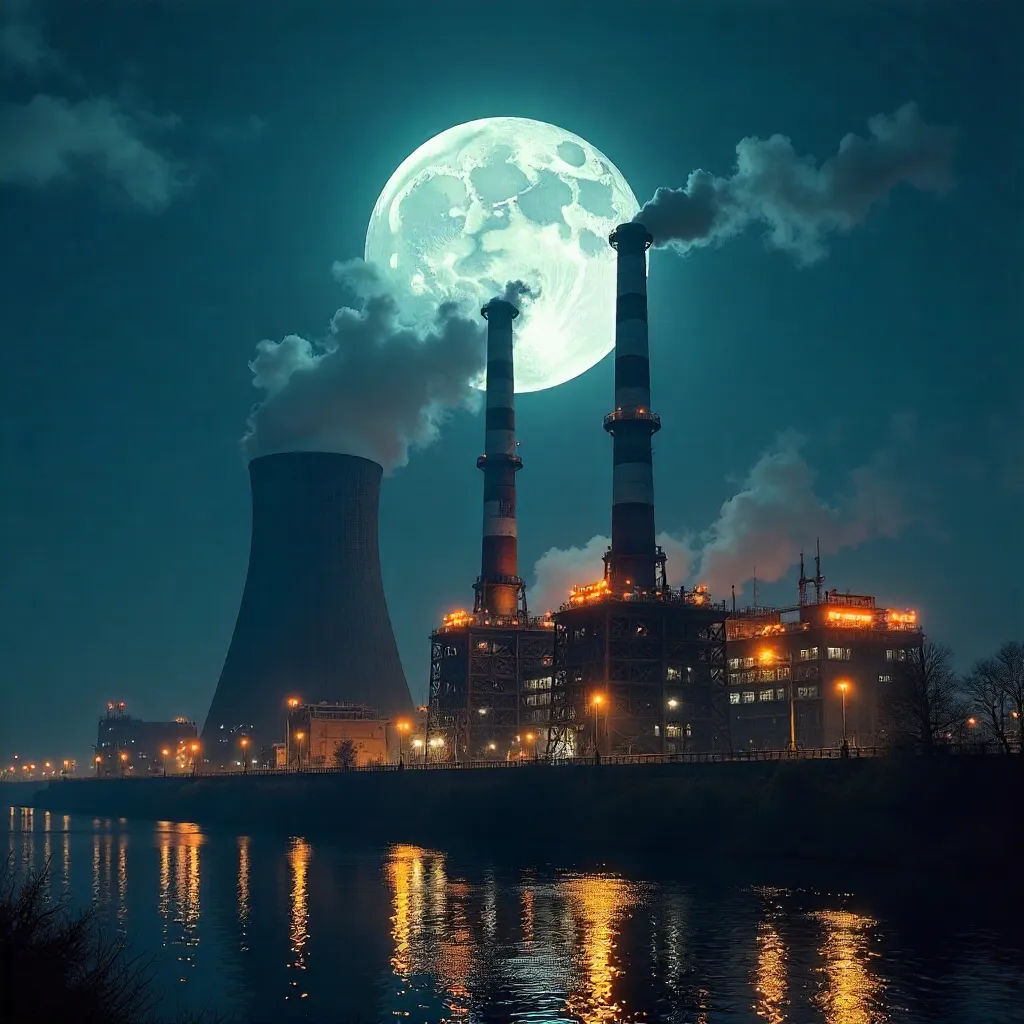 Moonrise Over an Illuminated Power Plant