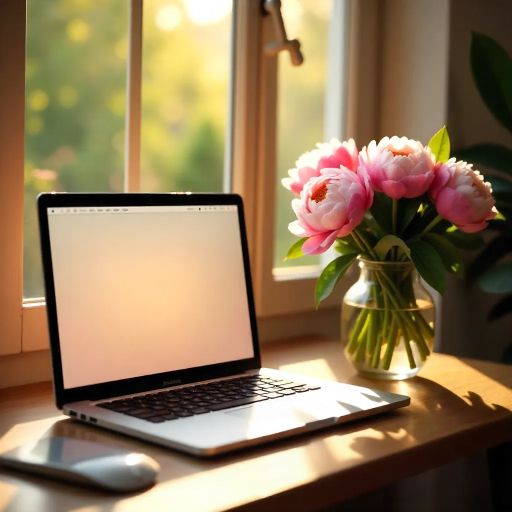 Serene Laptop Music by a Peony Bouquet