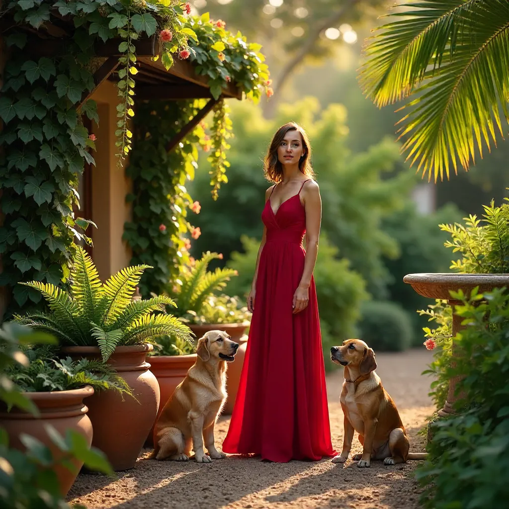 Red Dress Muse in a Lush Garden with Dogs