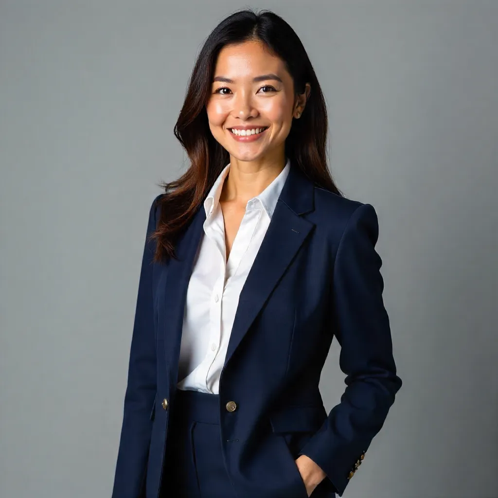Confident Woman in Uniform on Gray Backdrop