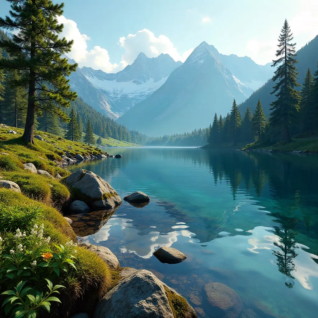 Tranquil Alpine Lake Amid Forested Peaks