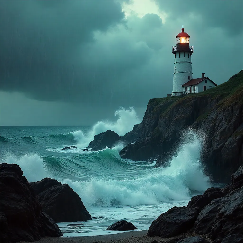 Stormy Lighthouse Seascape at Dusk