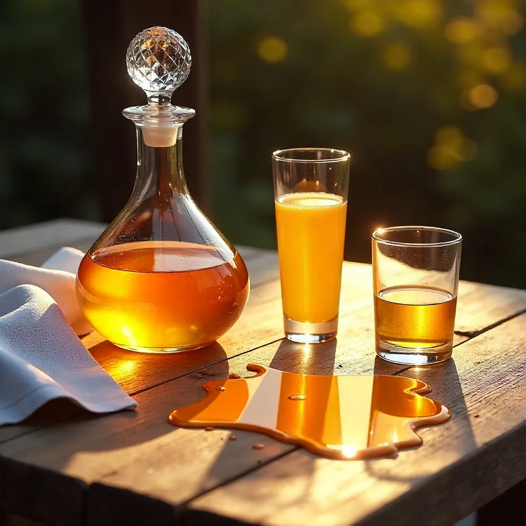 Sunlit Glassware Still Life: Orange Spill and Shadows
