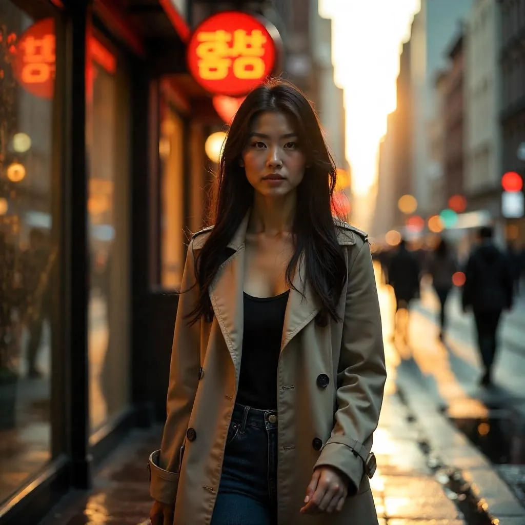 Photorealistic Asian Woman on a City Street at Golden Hour