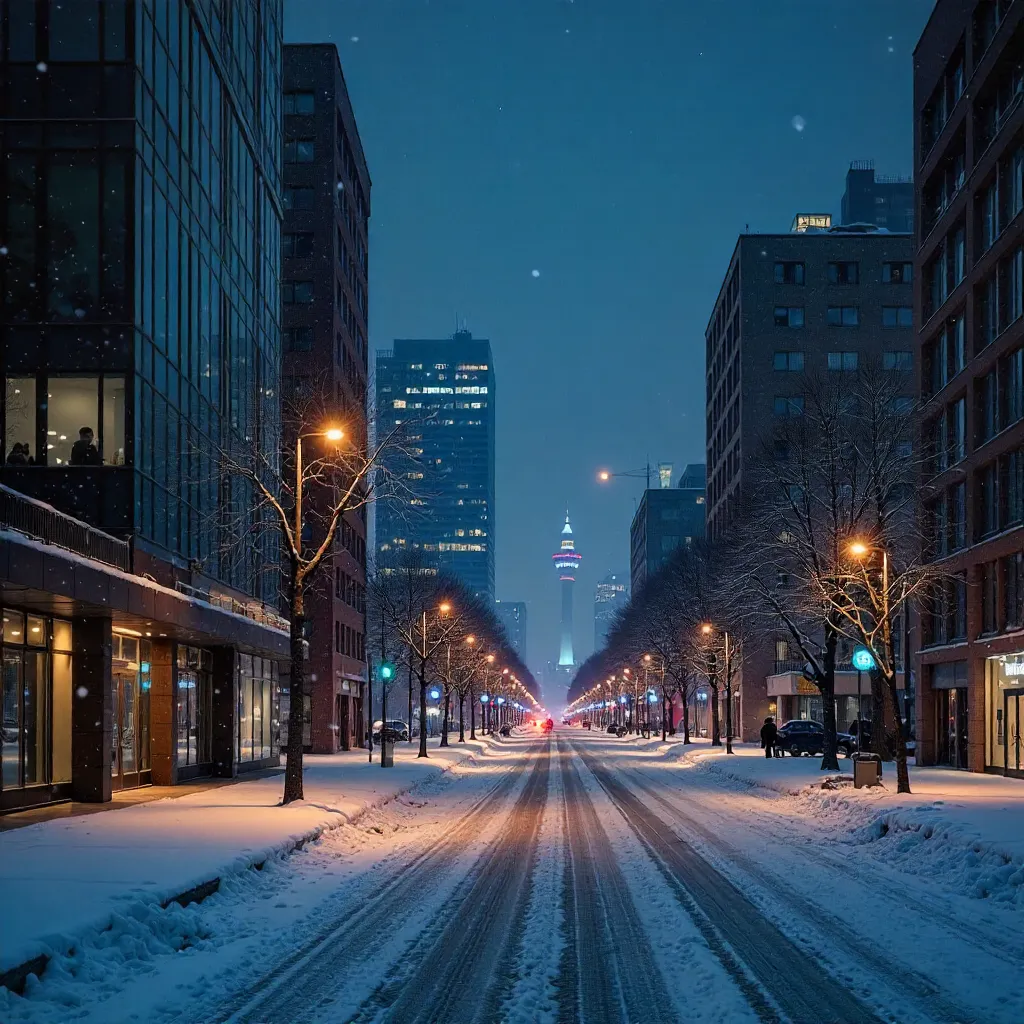 Serene Snowy Night in Astana: Modern Architecture Glow