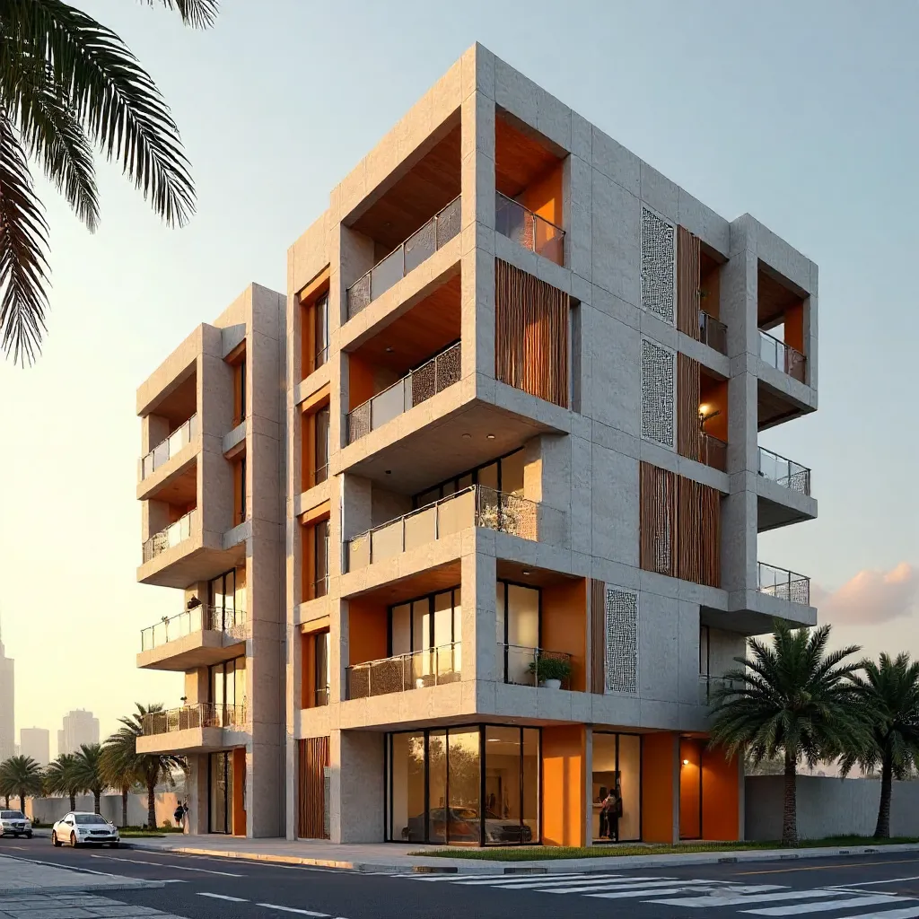 Geometric Dubai Facade with Orange Accents