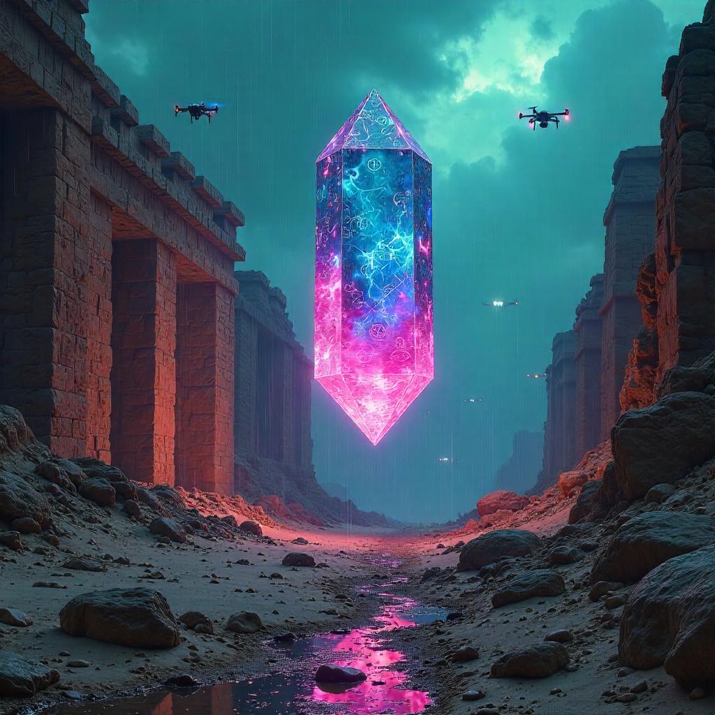 Crystal Entity Rises Among Neon Ruins