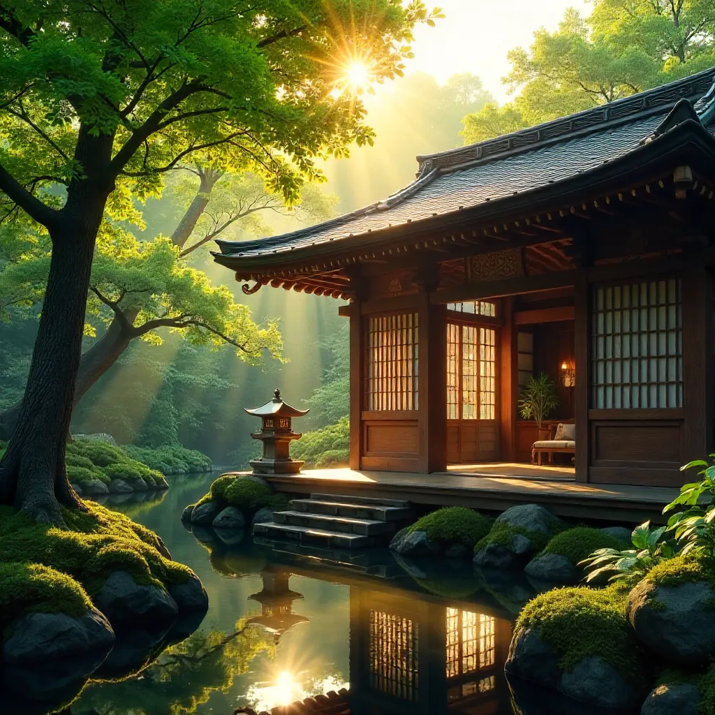 Sunlight on a Traditional Japanese Temple in the Forest
