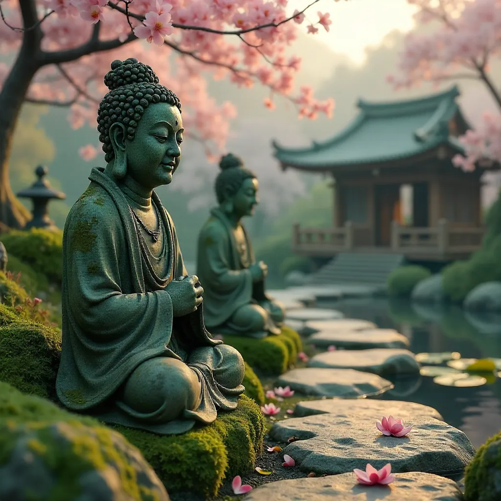 Moss-Covered Arhat Statues in a Serene Japanese Garden