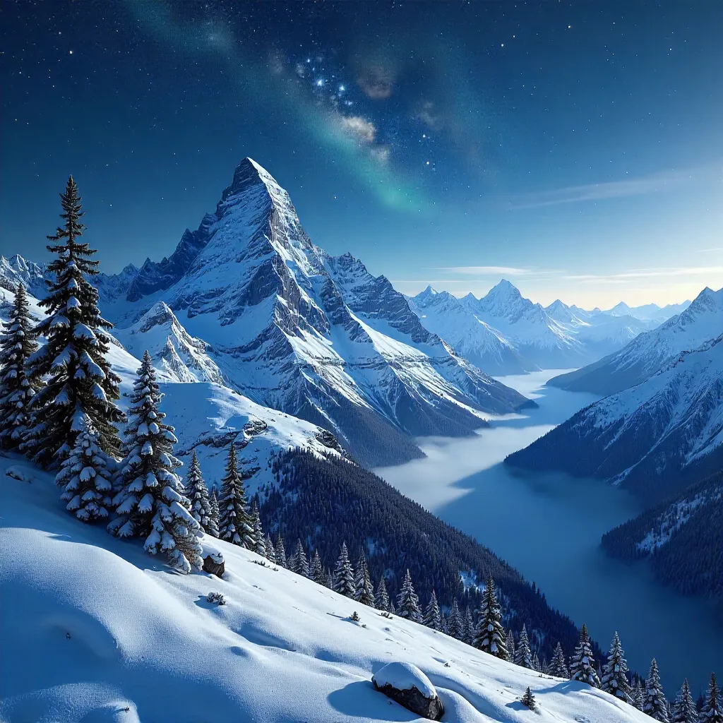 Starlit Snowbound Peaks: Night Mountain Vista