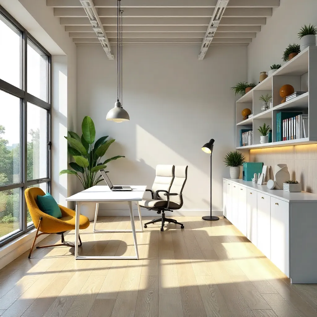 Bright Modern Office with Open Shelving
