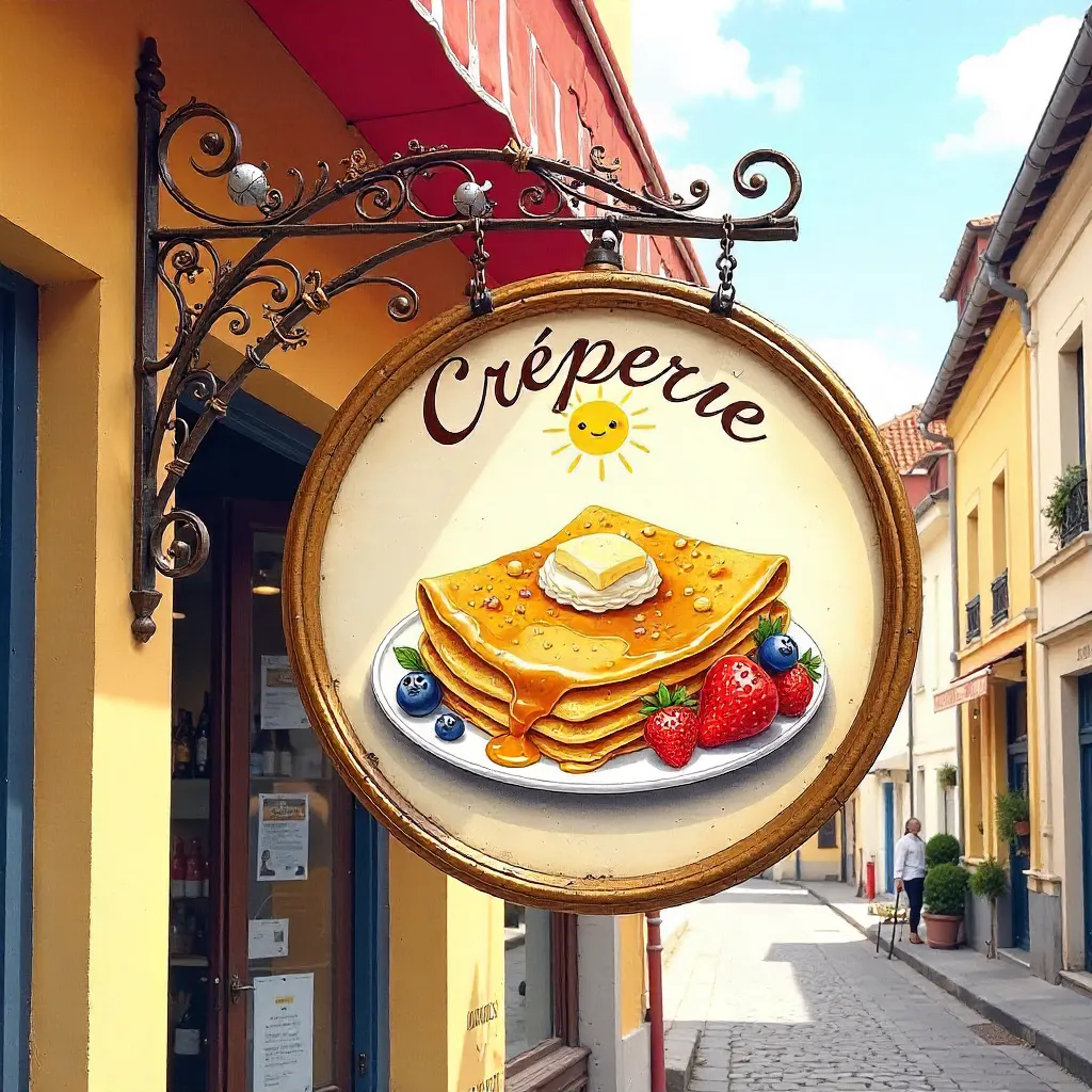 Sunny French Creperie Sign with Whimsical Artwork