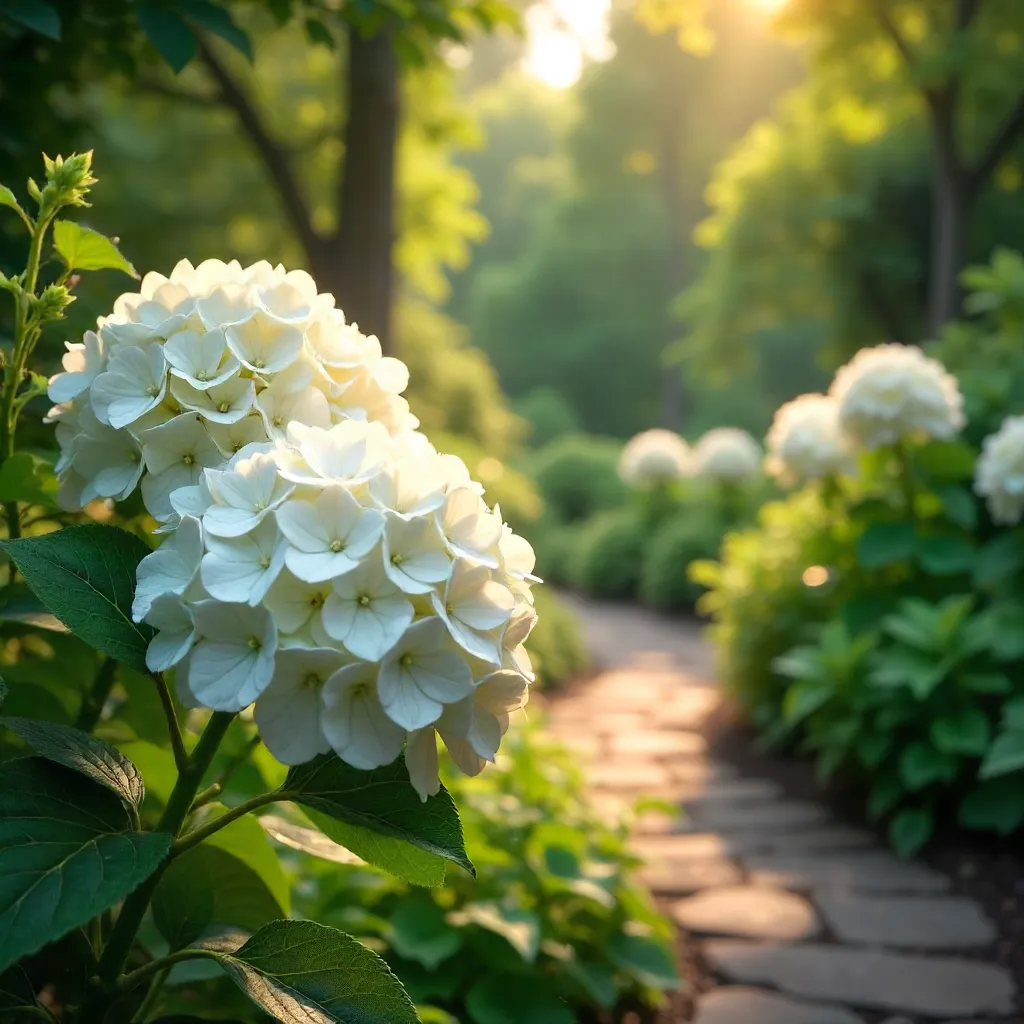 Vivid White Hydrangeas in a Lush Botanical Garden