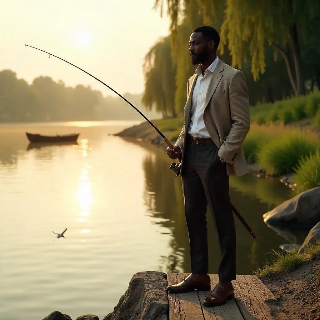 Elegant Black Man at a Serene Fishing Spot