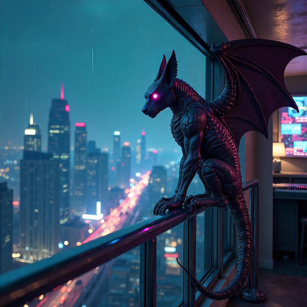 Neon Gargoyle in a Cyberpunk Penthouse
