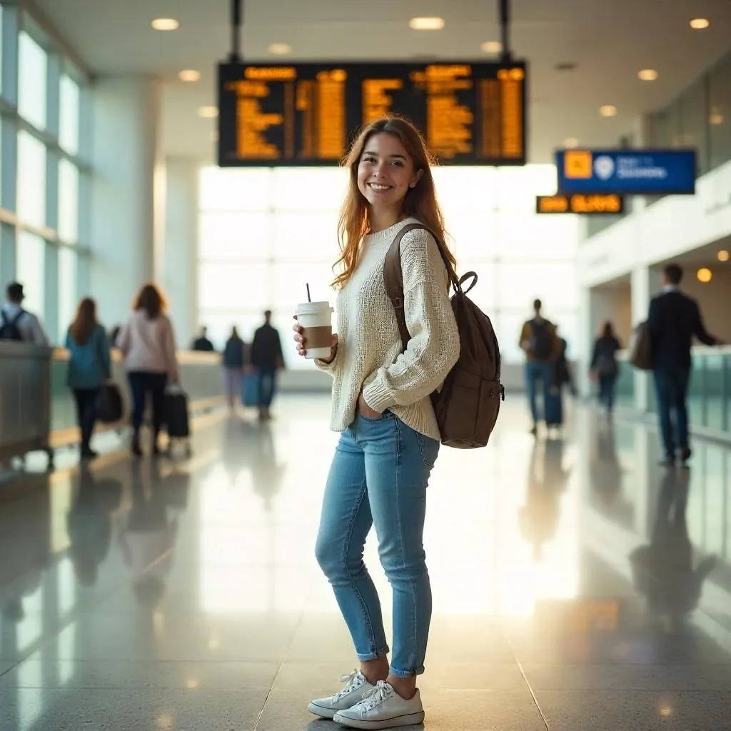 Cheerful White Girl in a Photorealistic Airport