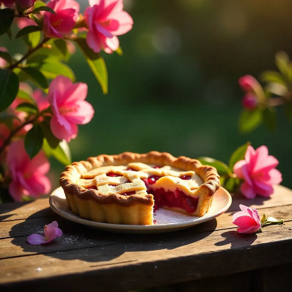 Pie on Rustic Table Amid Pink Oleander Blooms