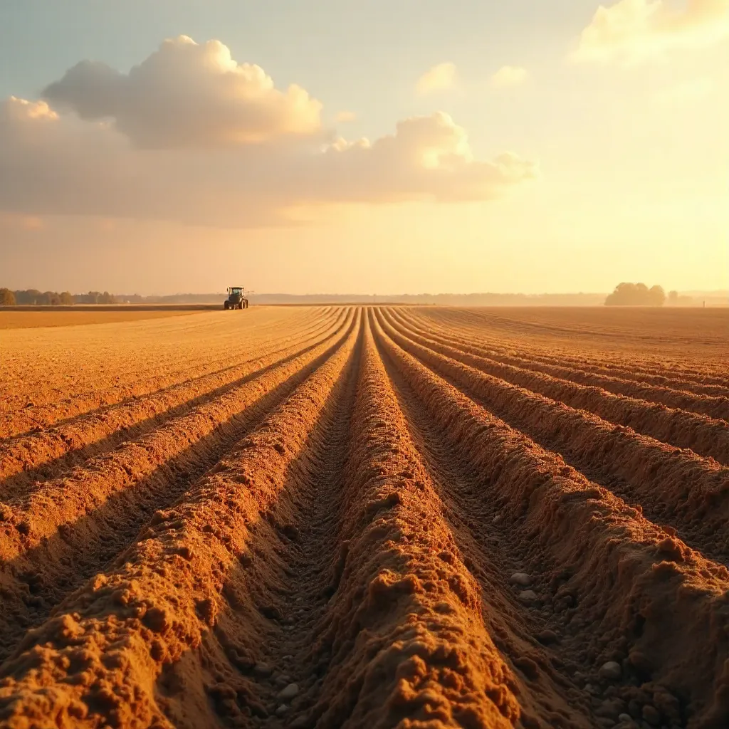 Wide Golden Plowed Field Under Soft Sky