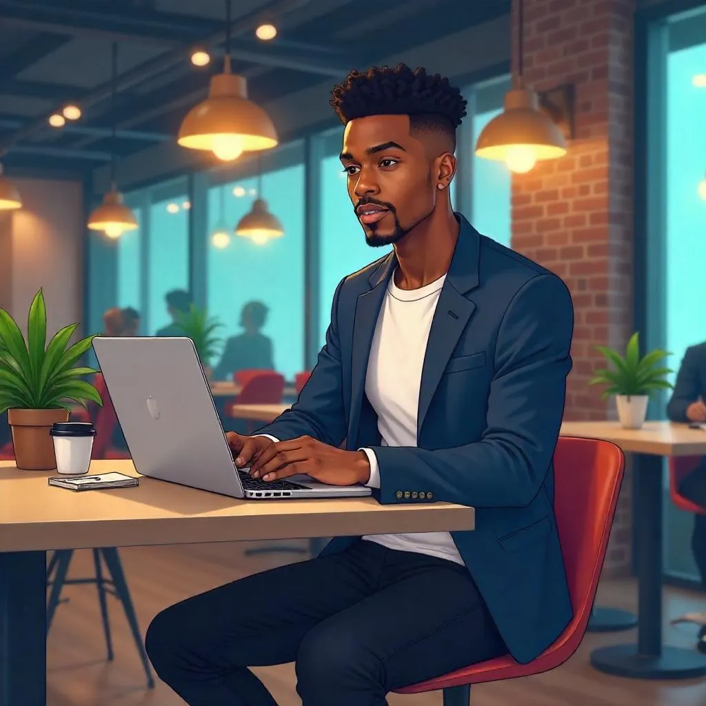 Stylish Black Man in Anime Coworking Space