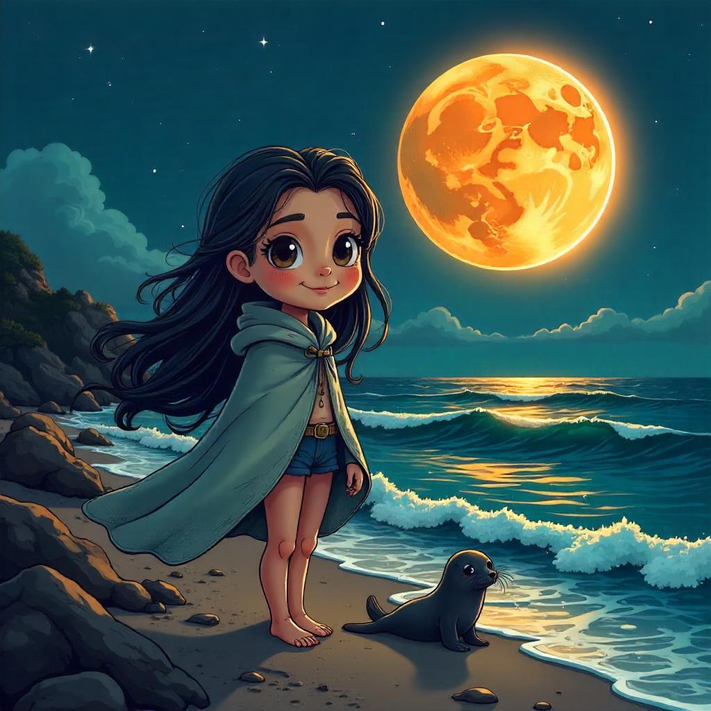 Selkie at the Eclipse: Cartoon Shore Adventure