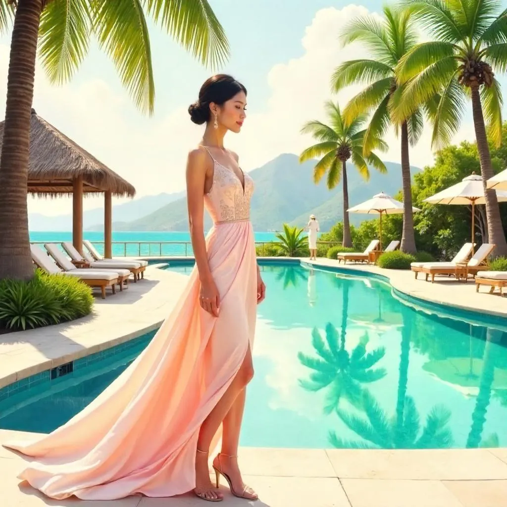 Elegant Asian Woman in Watercolor at a Tropical Resort