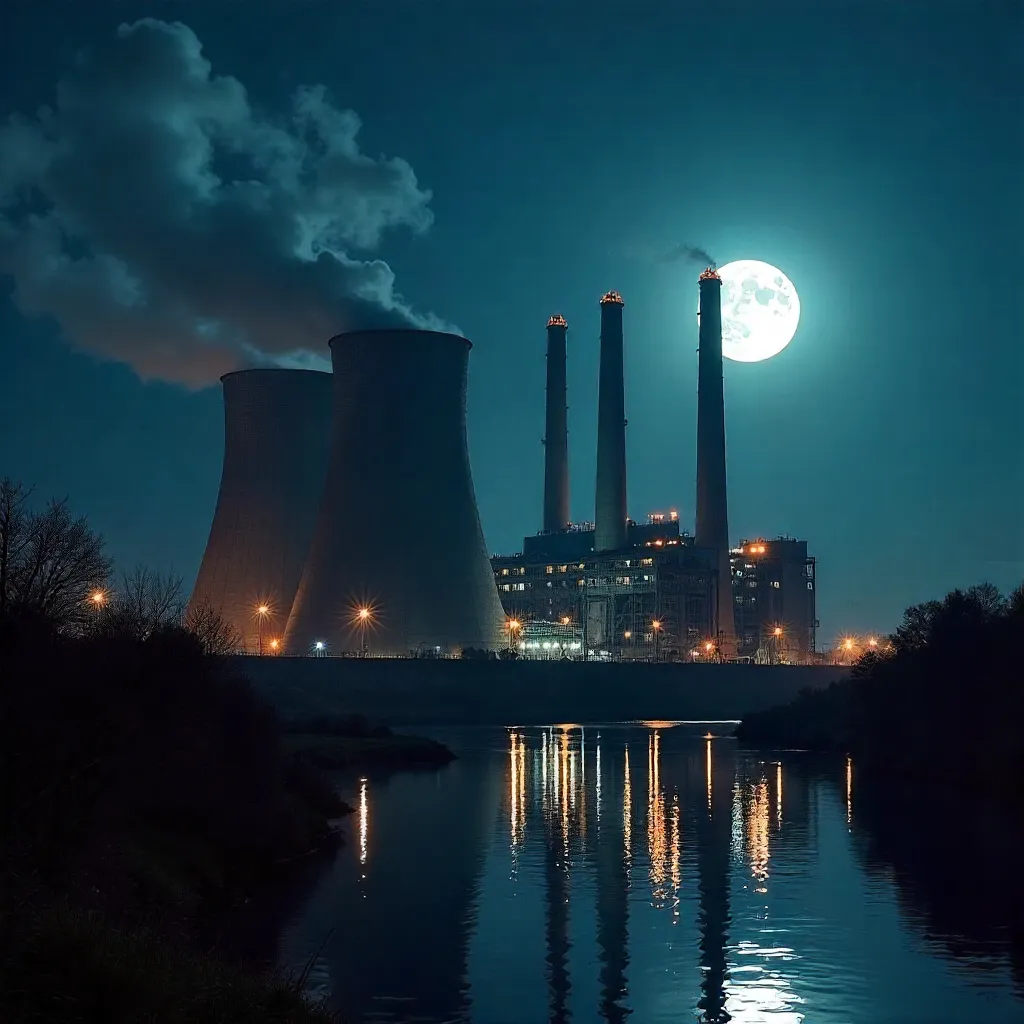 Moonrise Behind the Industrial Power Plant