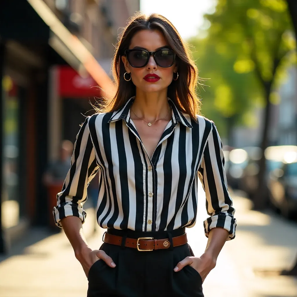 Confident Outdoors: Striped Shirt and Sunglasses