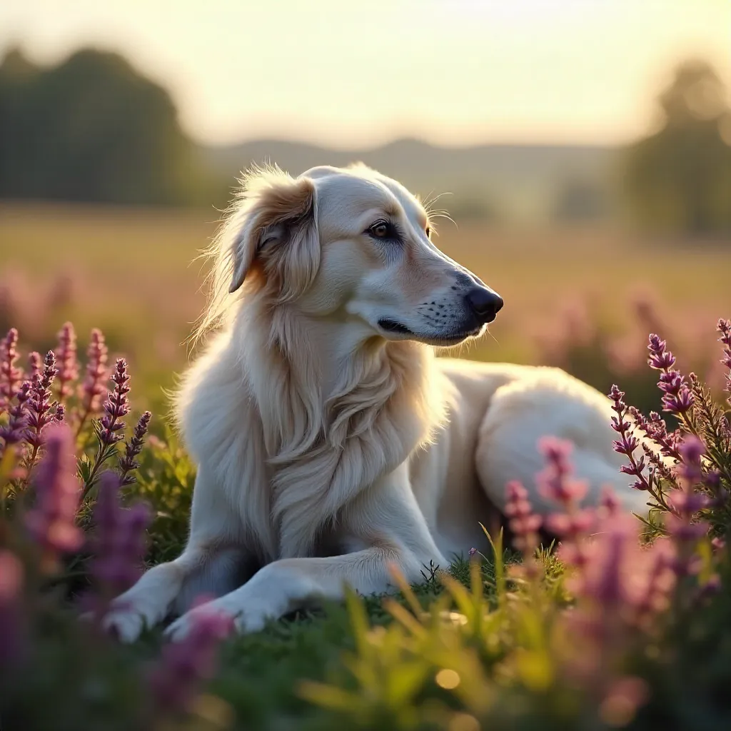 Tranquil Borzoi in a Heather Meadow