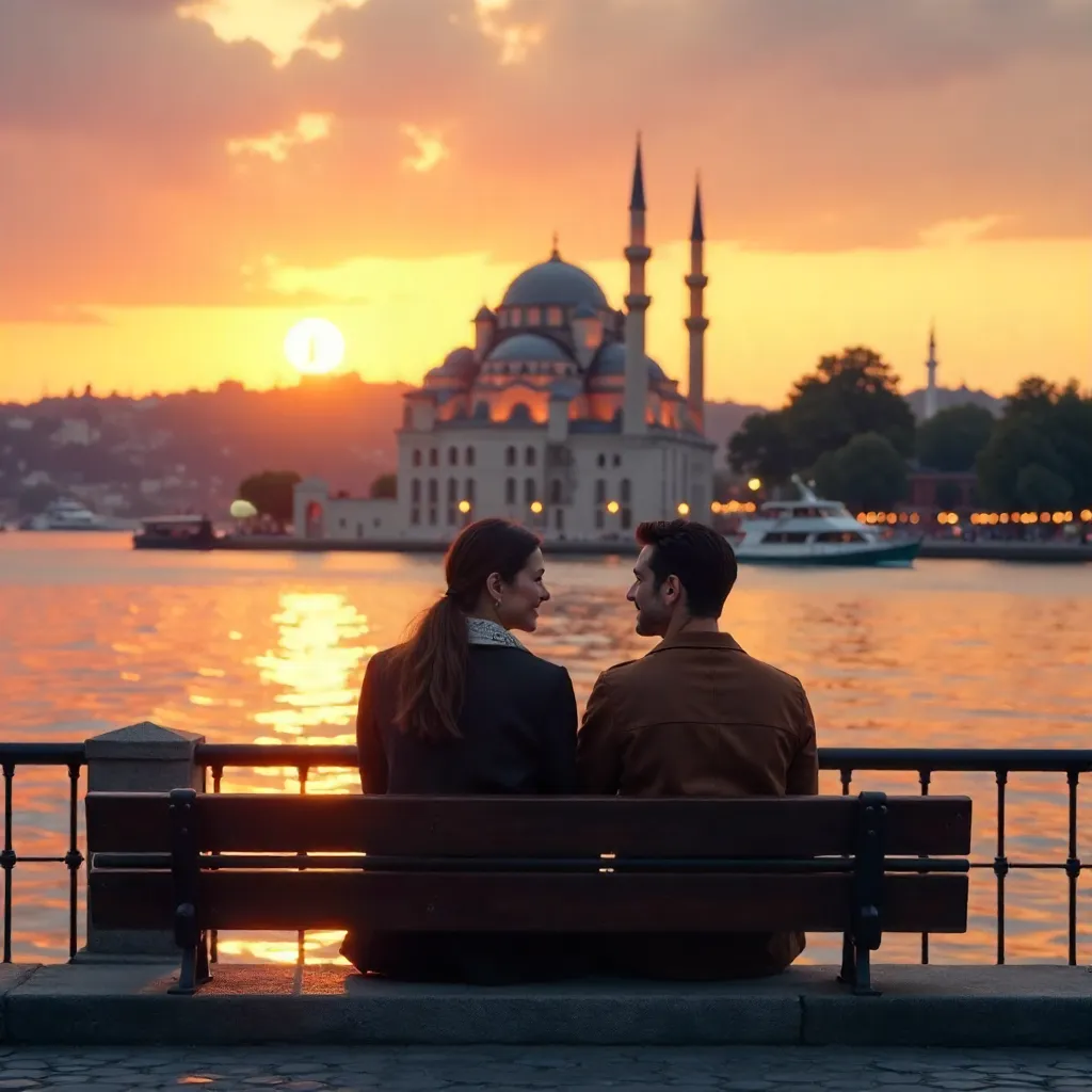 Sunset by the Bosphorus: Couple and Mosque View